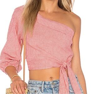 Free People Pink & White Striped One-Shoulder Tie-Waist Crop Top